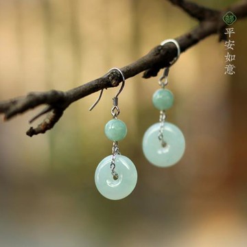 天然翡翠平安扣耳環耳鉤A貨緬甸玉石和田玉耳飾銀耳墜高級感精致