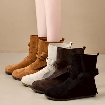 【白鳥麗子】靴子 ．日系溫柔絨布蝴蝶結綁結短靴 店長推薦