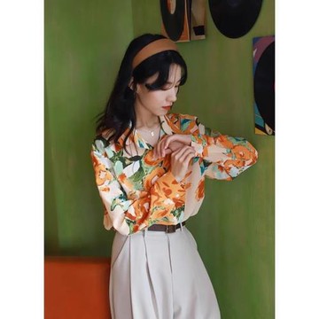 春秋港風長袖寬松疊穿設計感小眾新款復古印花襯衫表演拍照襯衫女
