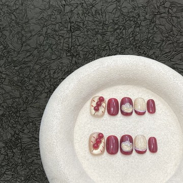 ✨Hannah✨手工穿戴甲紅色冰糖葫蘆法式手繪蝴蝶結ins手作穿戴式美甲成品貼美甲師源潤 1YQL