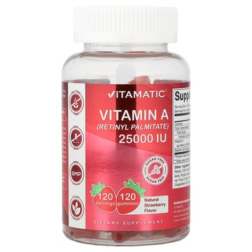 Vitamatic, 維生素 A（視黃醇棕櫚酸酯），天然草莓味，25,000 國際單位，120 粒軟糖