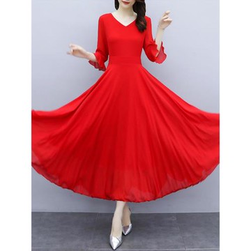今年流行裙子2025高級感連衣裙夏法式紅色雪紡大擺媽媽廣場舞服裝