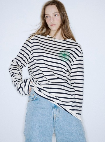 MARDI MERCREDI 橫條紋長袖 象牙白 經典小雛菊 綠花 TSHIRT LONG SLEEVE STRIPE