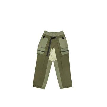 斜拼接寬版長褲-軍綠