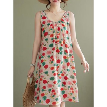 大碼女裝2025夏季新款顯瘦寬松吊帶a字裙無袖棉麻圓領印花連衣裙