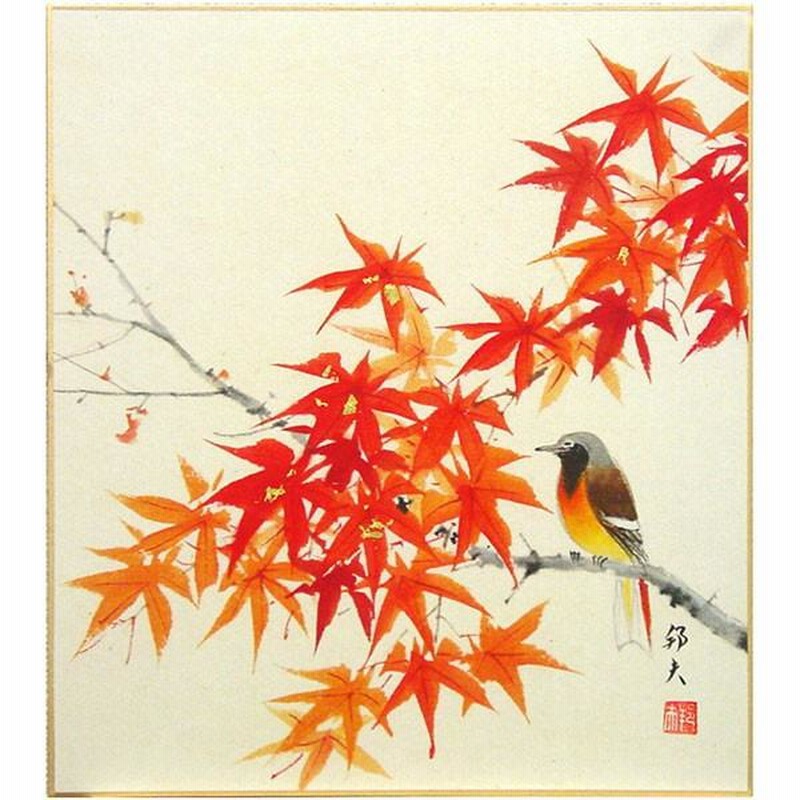 額付き紅葉と鳥日本画