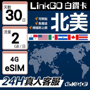 LinkGO白鑽卡 北美 eSIM卡 30天上網卡 每日2GB 高速流量(北美網卡 美國 加拿大 墨西哥)