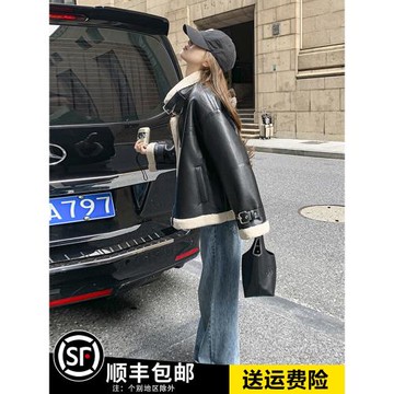 黑色加絨加厚皮衣外套女2025冬新款美式爆款羊羔毛皮毛一體機車服
