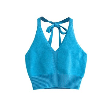 性感少女針織小背心甜美糖果色綁帶露臍吊帶上衣復古露背掛脖抹胸