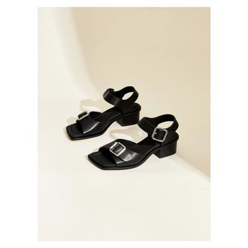 小眾設計師款ins復古簡約方頭一字帶露趾涼鞋女 粗跟羅馬鞋