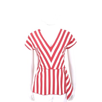 MAX MARA 紅白色條紋彈性嫘縈裁片前後V領上衣