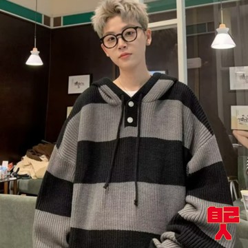 【自己人】學院風撞色寬鬆毛線衣外套連帽毛衣條紋毛衣針織衫套頭打底針織衫BWWYM52