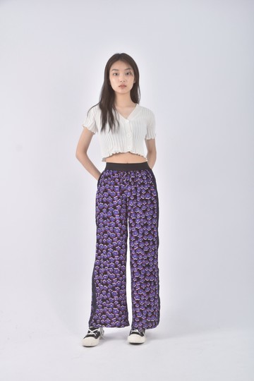 (S) 高腰花紋紫色長褲