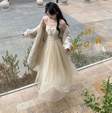 吊帶連衣裙蝴蝶結拼接長裙慵懶溫柔風顯瘦女百搭秋季新款