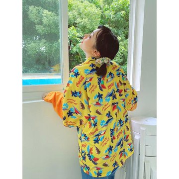 ZZZ自制夏威夷度假風黃色撞色寬松百搭休閑假兩件式沙灘花襯衫夏