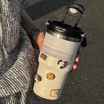 🍊大容量高顔值雙飲吸管保溫杯 保溫瓶斜挎咖啡女生高顔值便攜式ins兩用網紅保冷水杯 保溫瓶 不鏽鋼保溫瓶 冰壩杯 飲料杯