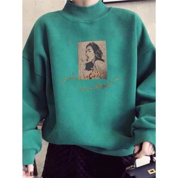 潮牌2024年秋冬新款加絨半高領衛衣女韓版套頭復古綠印花寬松上衣