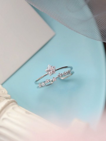 s925純銀星星戒指女時尚不褪色鋯石個性開口食指戒尾戒單身小指環1入
