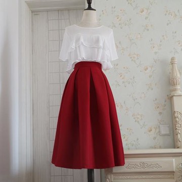 春夏新女復古百褶蓬蓬中長半身裙A字大擺高腰傘裙酒紅色四季可穿