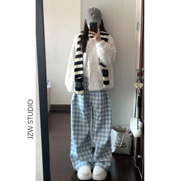 韓系藍色格子高腰闊腿休閑褲女春夏寬松顯瘦垂感小個子直筒拖地褲