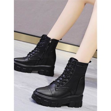 秋冬馬丁靴女真皮超高跟單靴英倫加絨二棉顯瘦厚底內增高短靴子