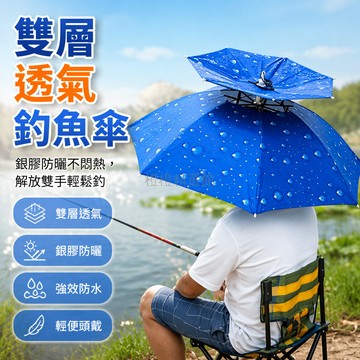 台灣出貨✨ 釣魚傘帽 雙層防風遮陽帽 頭戴式雨傘帽 銀膠防曬漁具 折疊便攜釣魚帽 80cm大傘面