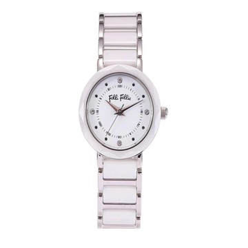 【Folli Follie】24毫米 寶石切割錶圈 精鑲水晶時標 陶瓷錶帶腕錶(銀X白 FF450347)