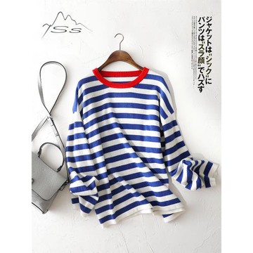 大牌既視感~羊絨衫女藍白條紋圓領套頭薄款寬松100純羊絨針織毛衣