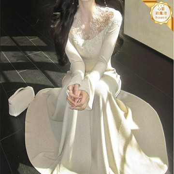 【溫柔顯瘦】蕾絲連衣裙 針織連衣裙 收腰連衣裙 長裙 氣質連衣裙 V領設計 A字裙襬 法式復古 約會度假穿搭