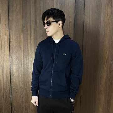 美國百分百【全新真品】Lacoste 連帽外套 棉質 毛巾布 男款 鱷魚 logo 夾克 深藍/灰色 CZ78