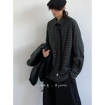 日系復古黑色格紋襯衫男百搭中性風長袖寬鬆上衣男