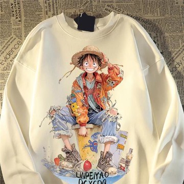 美式復古動漫路飛圓領衛衣男女春秋寬松潮牌oversize高街情侶上衣