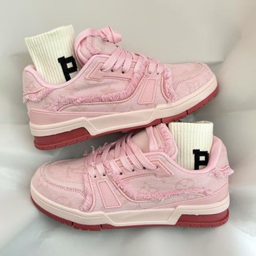 粉色牛仔布須邊復古面包鞋女2025新款春季情侶小眾運動休閑板鞋男