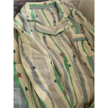 女睡衣家居服甜美亮色多巴胺蘋果純棉雙層紗布縐布睡衣套裝春夏秋