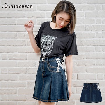 百褶裙--獨特迷人造型側邊蕾絲釦環水鑽釦大百摺蓋袋牛仔短裙(S-7L)-Q05眼圈熊中大尺碼◎