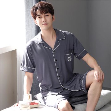 浪莎莫代爾睡衣男士夏季短袖短褲兩件套青中年大碼薄款開衫家居服