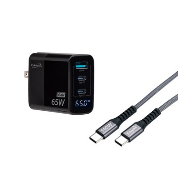 B122 【台灣製造】數顯65W GaN氮化鎵+100W C to C極速快充傳輸線組