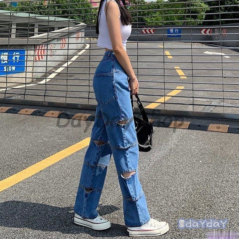 デニムワイドパンツ レディース 原宿系 ストリートくり抜くパンツ 韓国ファッション ボトムス ストレート ズボン 春夏秋 BF風 カジュアル 通販 LINEポイント最大0.5%GET LINEショッピング ロングパンツ 灰色 カジュアル パンツ 韓国 ズボン グレー レディース フリー