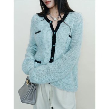 法式甜美溫柔淺藍馬海毛針織開衫女秋冬季小香風毛衣外套圓領上衣