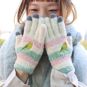日本 TOMO - 大人可觸控短絨保暖手套-鸚鵡-粉綠米