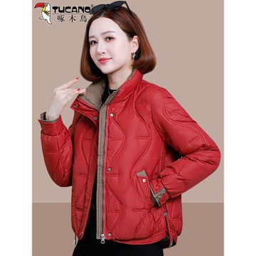 (免運)啄木鳥紅色棉衣棉服女外套冬季2025新款加厚保暖中年媽媽短款棉襖