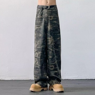 牛仔褲男女秋季新款潮牌寬鬆迷彩工裝褲美式cleanfit長褲