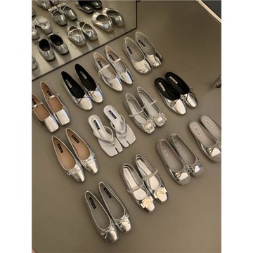 法式復古銀色瑪麗珍鞋韓版平底單鞋半拖鞋分趾鞋秋夏季晚晚女鞋子