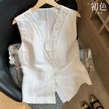 初色 法式蕾絲純色拼接V領無袖背心修身上衣女上衣-白色-13413(M-2XL可選)
