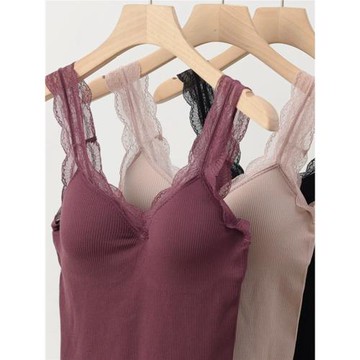 自帶罩杯 女士V領BRA吊帶背心薄軟坑條純色內搭打底衫 秋冬款內衣