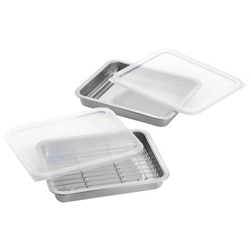 YOSHIKAWA 吉川 不鏽鋼淺型烤盤組 日本製 SJ3659  1組  25.8 x 21.3 x 3.8cm  2個淺型烤盤 + 2個蓋 + 網