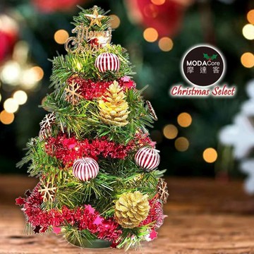 MODACore 摩達客 - 耶誕_台製迷你1尺(30cm)裝飾聖誕樹(木質雪花系)+LED20燈銅線燈(暖白光/USB電池兩用充...