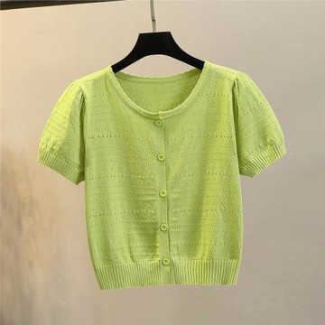 牛油果綠鏤空針織開衫女短袖T恤女短款冰絲夏季薄款泡泡袖小披肩