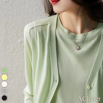 【ACheter】輕呼吸慢生活親膚絲V領開衫長袖外套+圓領背心針織兩件式套裝 # 114369(現貨+預購)