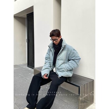 (免運)OXFREAK 「特殊水洗做舊」牛仔羽絨服男立領短款寬松保暖外套秋冬